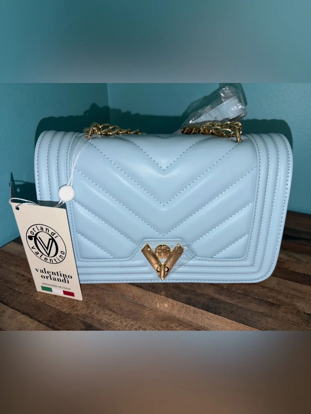 Valentino Orlandi Pale Blue Quilted Chevron Chain Shoulder Bag NWT - Picture 1 of 5